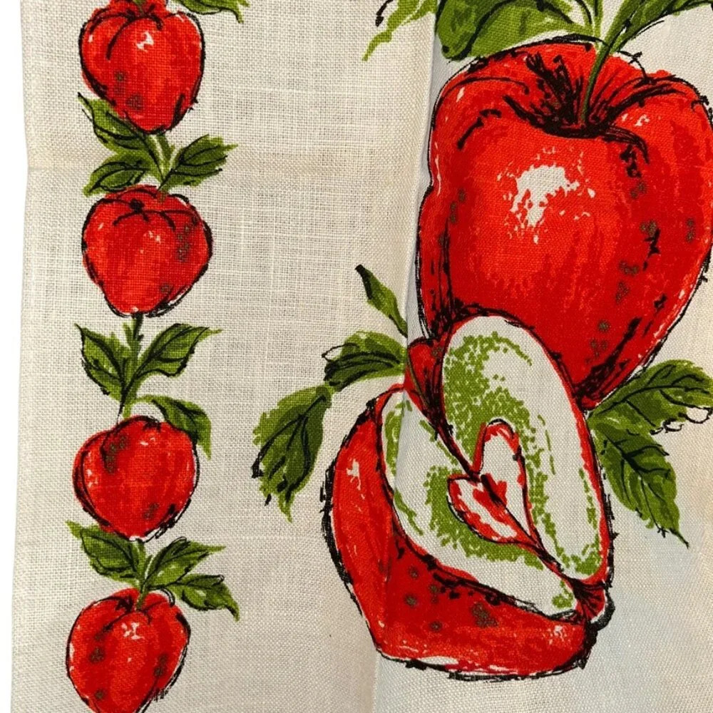 Vintage LINEN NEW red apple pieces tea dish towel